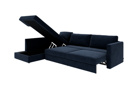 Mørkeblå hjørnesofa med sovefunktion og åbent opbevaringsrum i chaiselongen, frilagt.