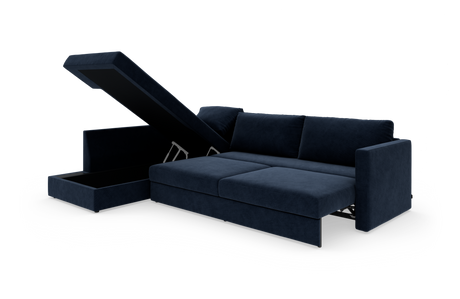 Mørkeblå hjørnesofa med sovefunktion og åben chaiselong med opbevaring, frilagt på hvid baggrund.