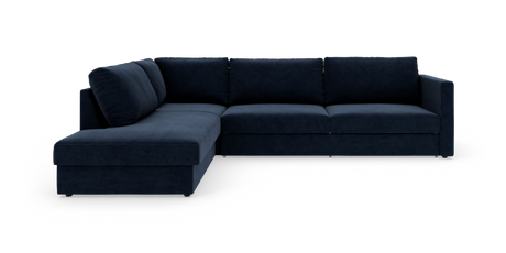 Mørkeblå L-formet sofa med chaiselong til venstre, moderne modulsofa på hvid baggrund.