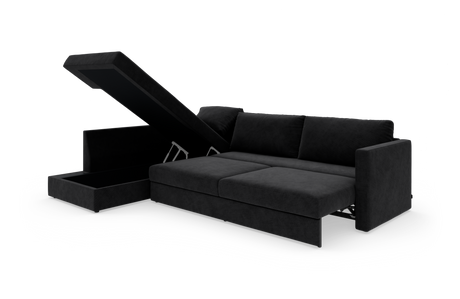 Sort hjørnesovesofa med opklappelig chaiselong med opbevaring, trukket ud til sengestilling mod hvid studiebaggrund.