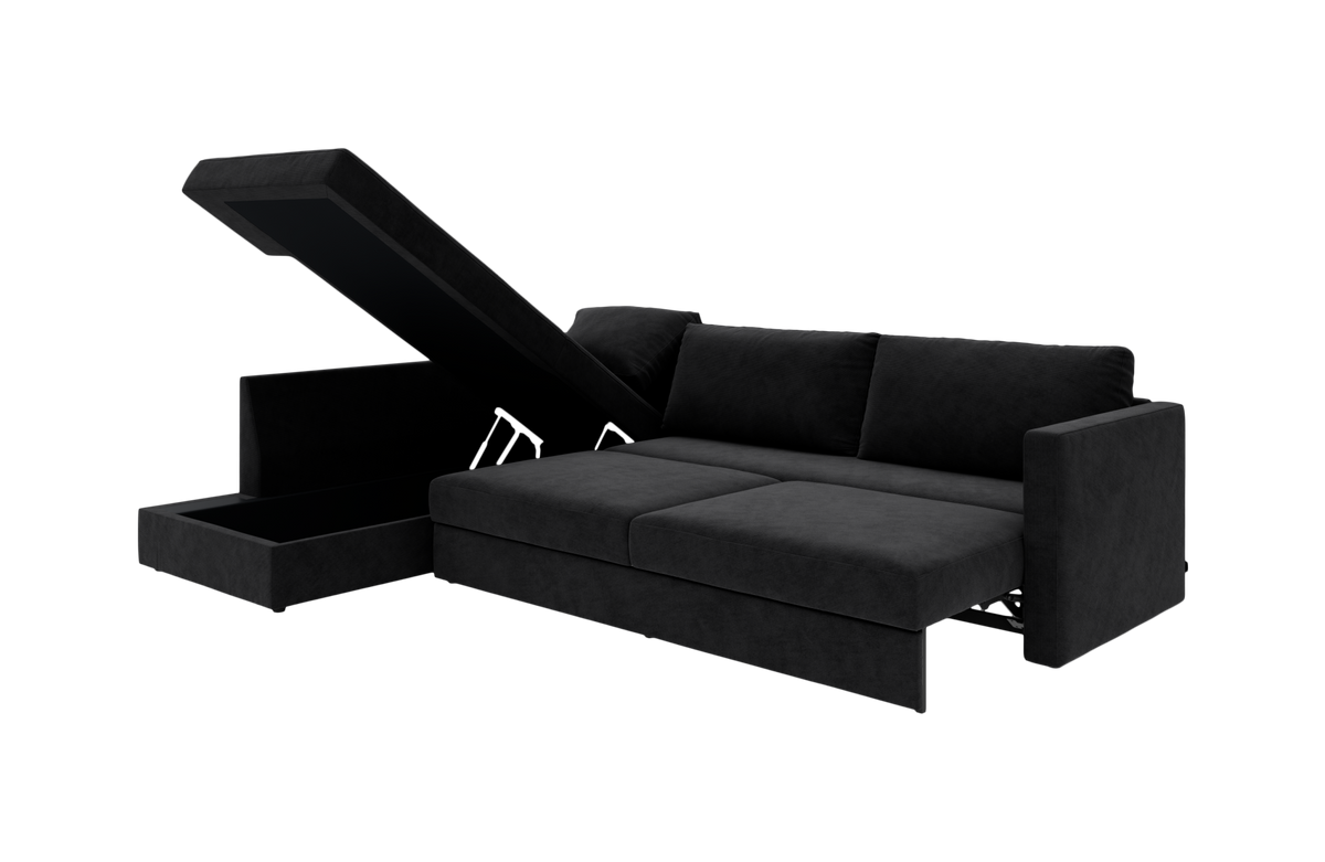 Sort hjørnesofa med chaiselong, sovesofa-funktion og løftbar opbevaring i chaiselongen.