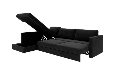 Sort hjørnesofa med chaiselong, sovesofa-funktion og løftbar opbevaring i chaiselongen.