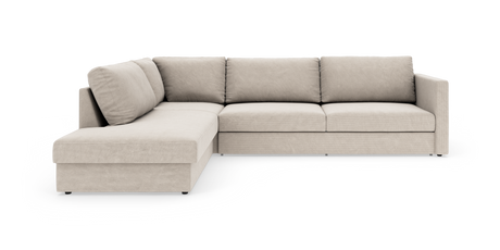 Beige L‑sofa med venstrevendt chaiselong og lige armlæn, fritlagt på hvid baggrund.