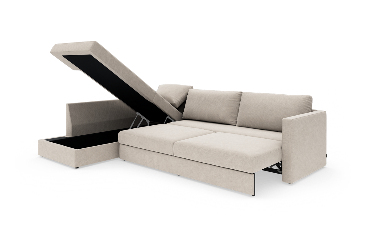 Beige sovesofa med chaiselong og opklappeligt opbevaringsrum, frilagt på hvid baggrund.