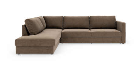 Brun L-sofa med chaiselong til venstre i moderne, minimalistisk design på hvid frilægning.