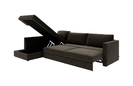 Mørkebrun sovesofa med chaiselong og opklappelig opbevaring, frilagt mod hvid baggrund.