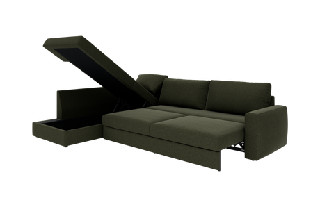 Mørkegrøn sovesofa med åben chaiselong og integreret opbevaring.