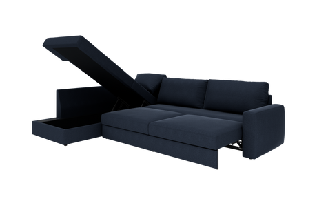 Mørkeblå sovesofa med chaiselong og åben opbevaringsplads, vist isoleret i studie.