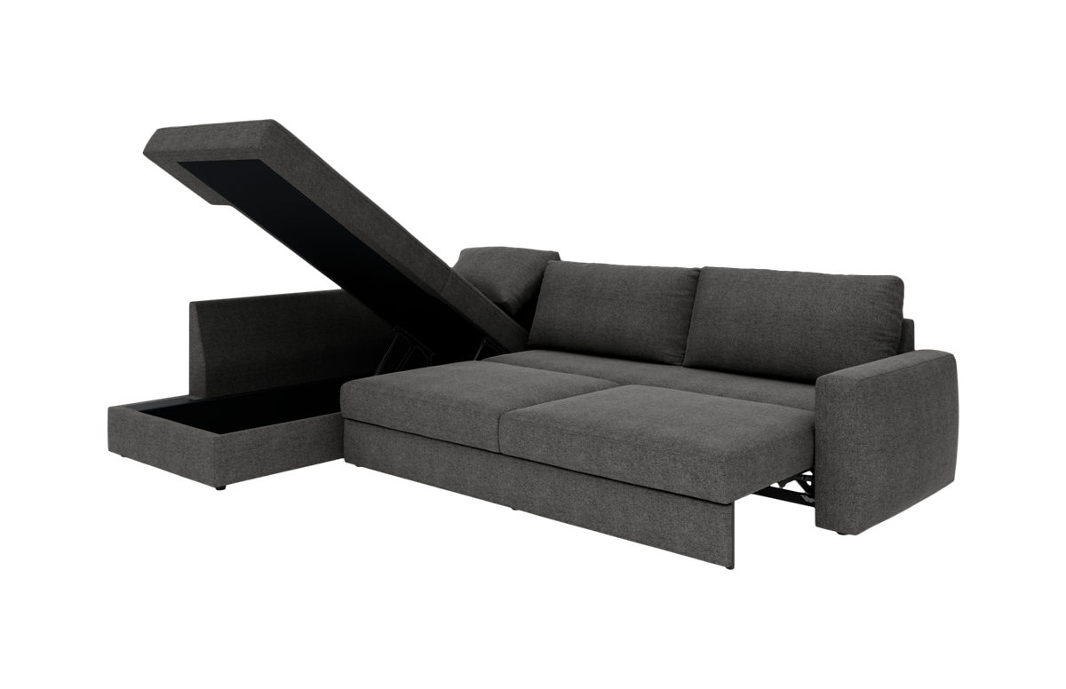 Mørkegrå sovesofa med chaiselong og opklappeligt opbevaringsrum.