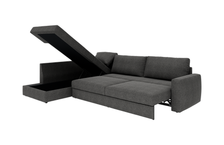 Mørkegrå sovesofa med chaiselong og opklappeligt opbevaringsrum.