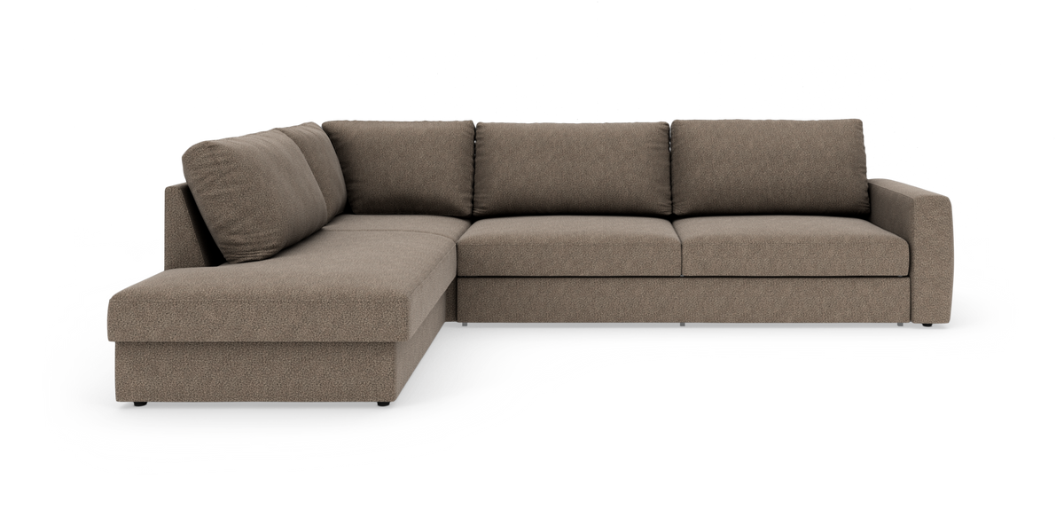 Brun L-formet modulsofa med venstrevendt chaiselong på hvid baggrund.