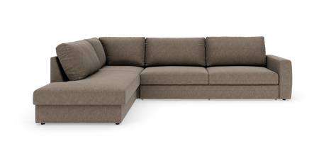 Brun L-formet modulsofa med venstrevendt chaiselong på hvid baggrund.