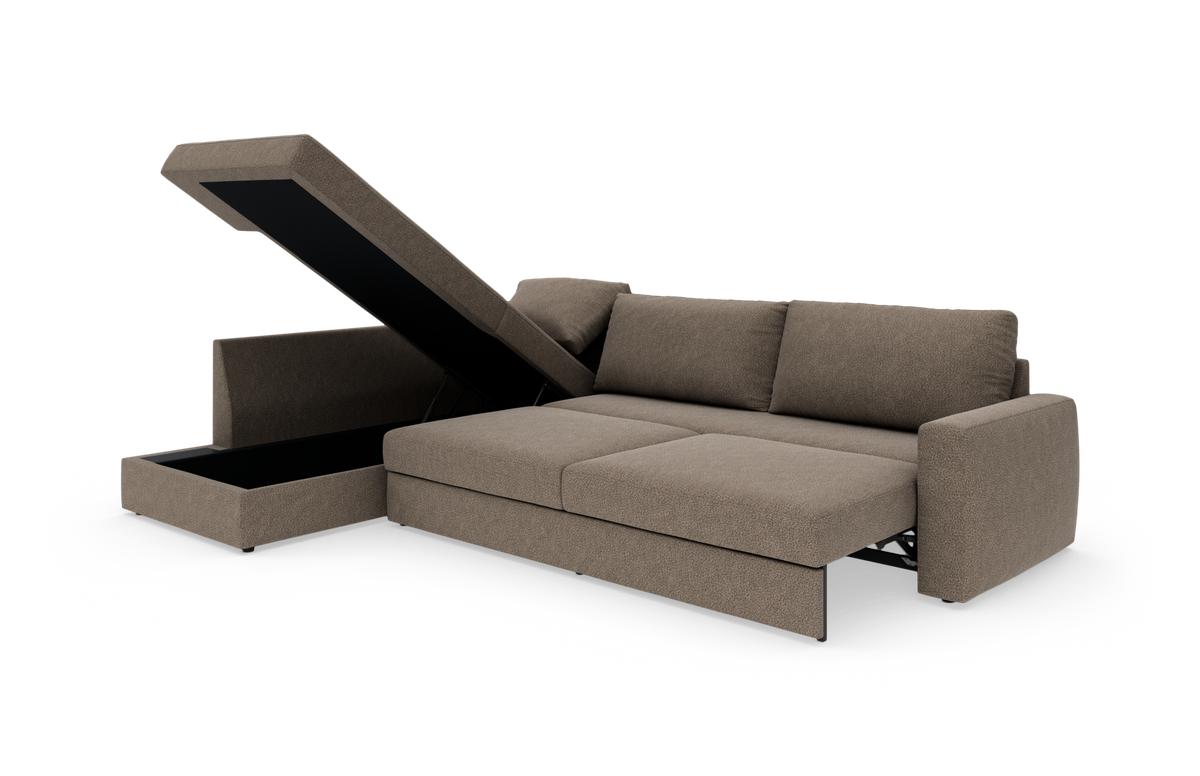 Brun hjørnesofa med chaiselong, sovesofafunktion og åbent opbevaringsrum i chaiselongen.