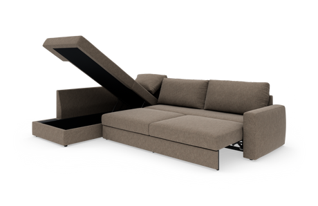 Brun hjørnesofa med chaiselong, sovesofafunktion og åbent opbevaringsrum i chaiselongen.