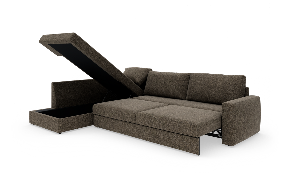 Brun sovesofa med chaiselong og løftelåg opbevaring, frilagt på hvid baggrund.