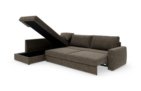 Brun sovesofa med chaiselong og løftelåg opbevaring, frilagt på hvid baggrund.