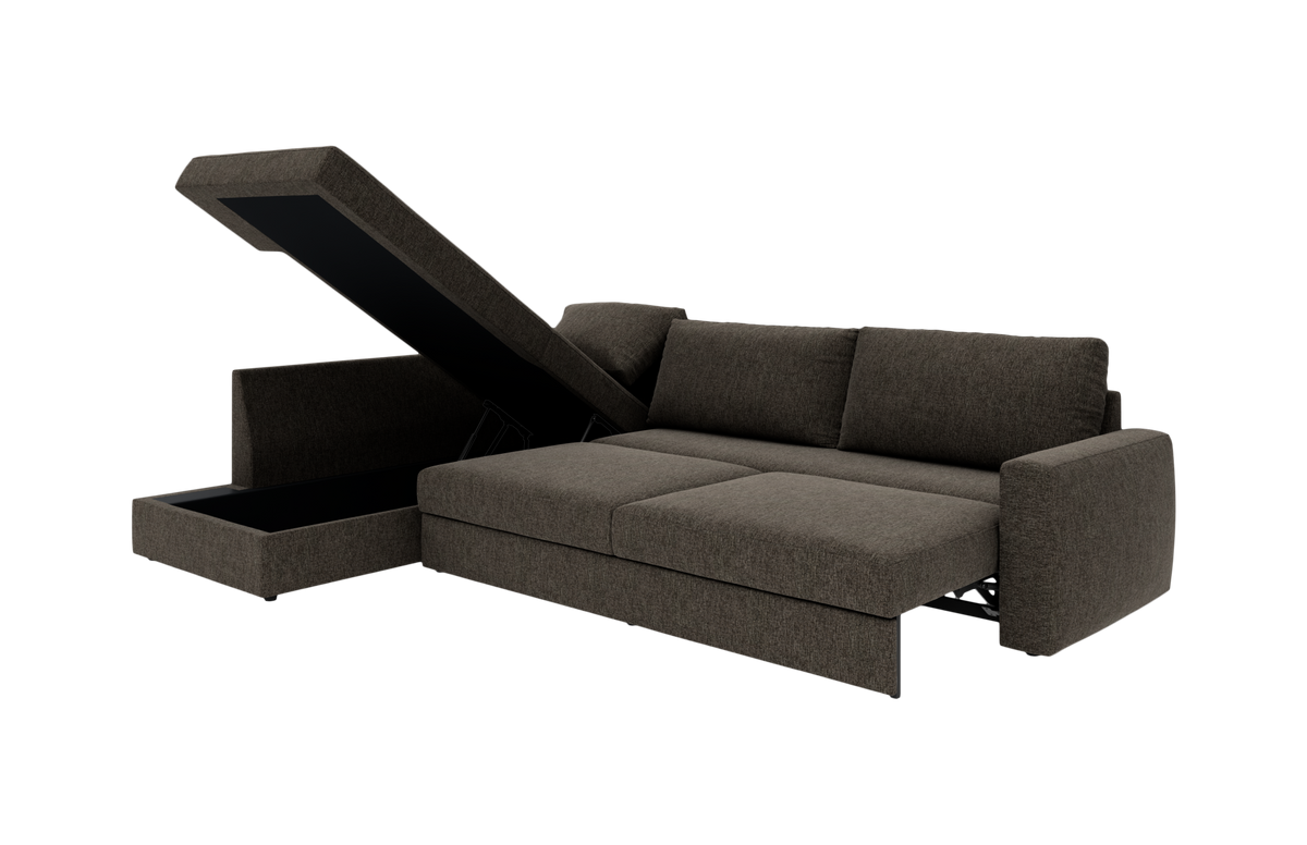 Mørkebrun hjørnesofa med sovefunktion og opbevaring, chaiselong med opklappeligt låg åbent.