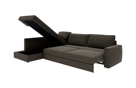 Mørkebrun hjørnesofa med sovefunktion og opbevaring, chaiselong med opklappeligt låg åbent.