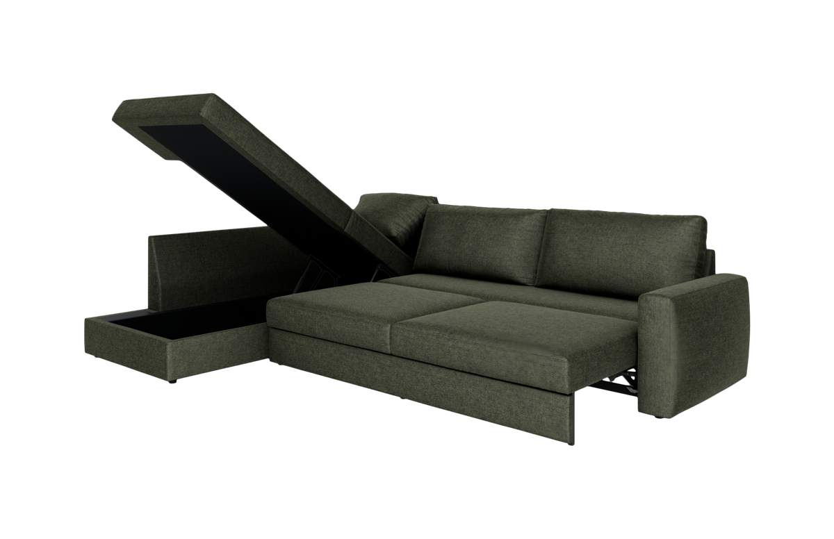 Mørkegrøn sovesofa med chaiselong og opklappeligt opbevaringsrum, vist i åben position.