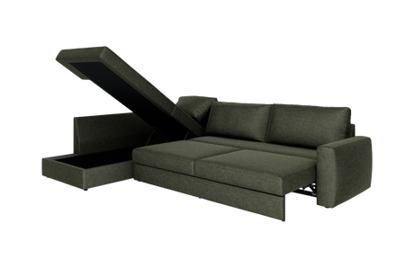 Mørkegrøn sovesofa med chaiselong og opklappeligt opbevaringsrum, vist i åben position.