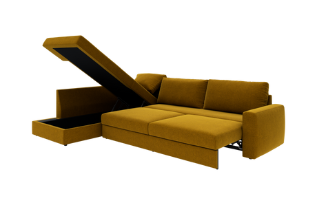 Sennepsgul modulsofa med sovesofa-funktion og åben opbevaring i chaiselong, frilagt.