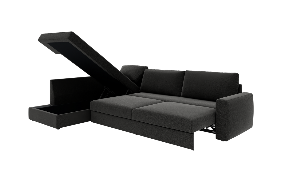 Mørkegrå sovesofa med chaiselong og opklappeligt opbevaringsrum, frilagt på hvid baggrund.