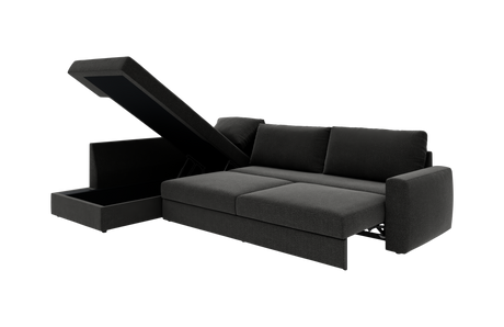 Mørkegrå sovesofa med chaiselong og opklappeligt opbevaringsrum, frilagt på hvid baggrund.