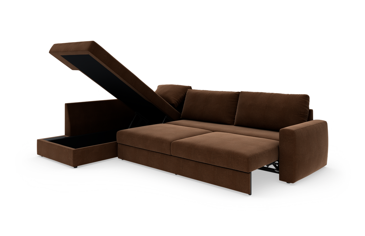 Brun hjørnesofa med sovesofa-funktion og åben opbevaringschaiselong, fritlagt på hvid baggrund.