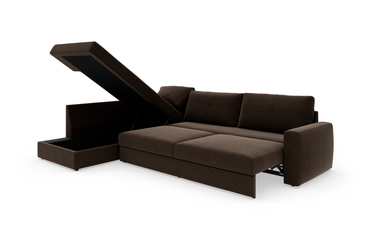 Brun sovesofa med chaiselong og åben opbevaring, fritlagt på hvid baggrund.
