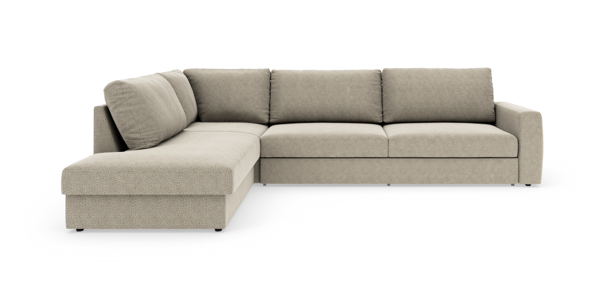 Beige L-formet modulsofa med venstrevendt chaiselong, frilagt på hvid baggrund.