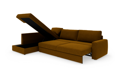 Brun modulsofa med chaiselong og opklappelig opbevaring, frilagt på hvid baggrund.