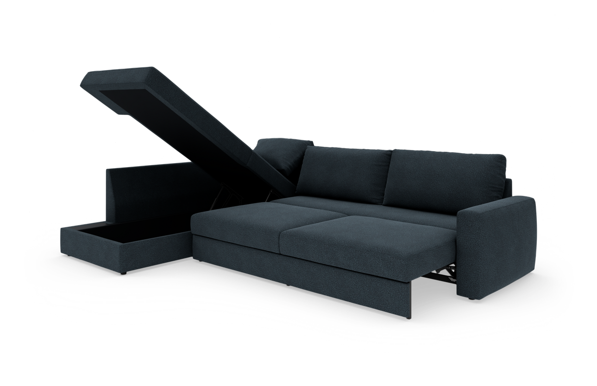 Mørkegrå sovesofa med åben chaiselong med opbevaring, fritlagt på hvid baggrund.