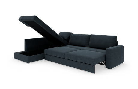 Mørkegrå sovesofa med åben chaiselong med opbevaring, fritlagt på hvid baggrund.