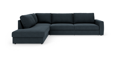 Mørkeblå hjørnesofa med chaiselong til venstre, frilagt på hvid baggrund.
