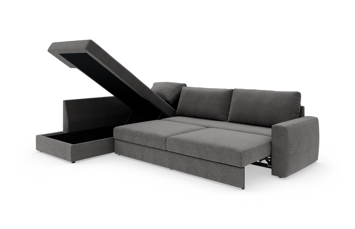 Grå sovesofa med chaiselong og åbent opbevaringsrum, frilagt på hvid baggrund.