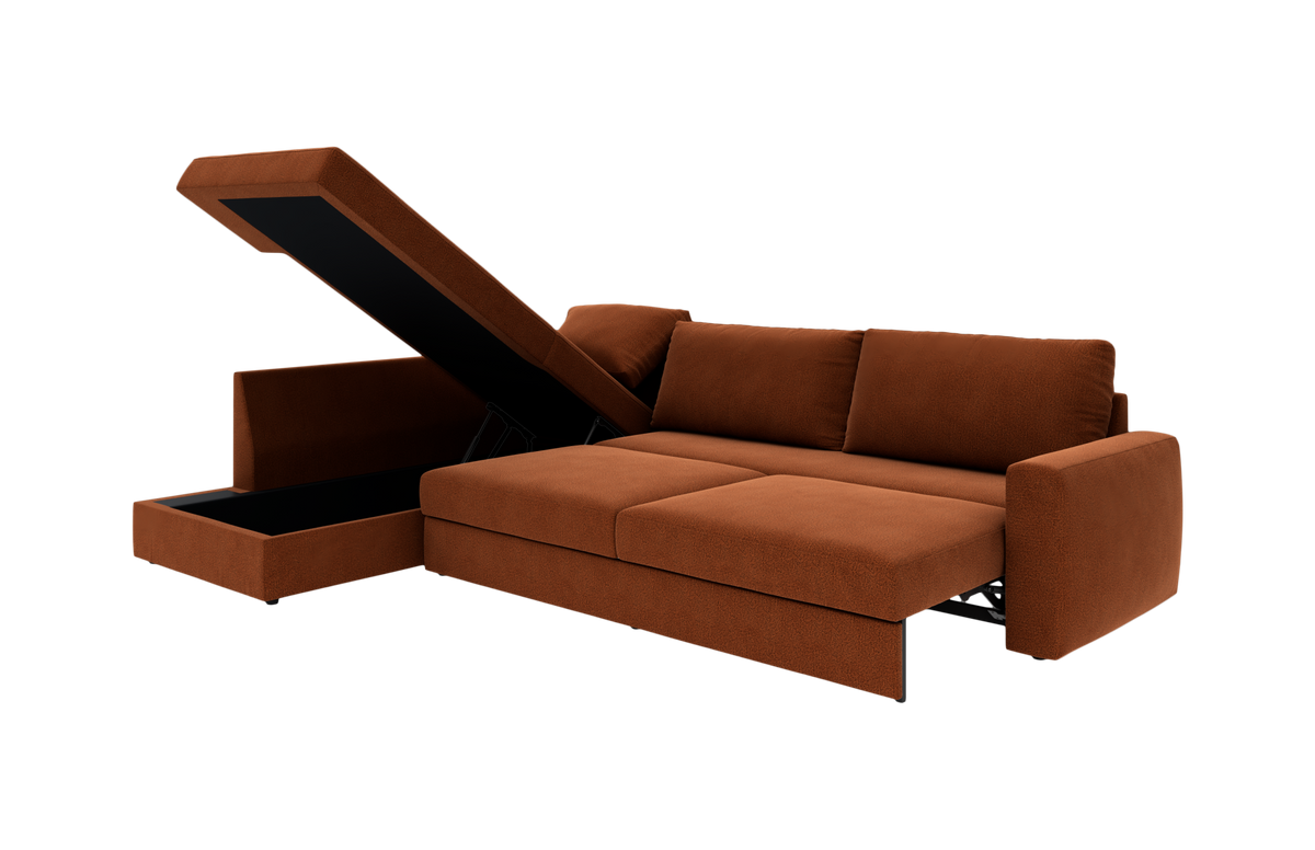 Brun hjørnesovesofa med chaiselong og åbent opbevaringsrum, frilagt på hvid baggrund.