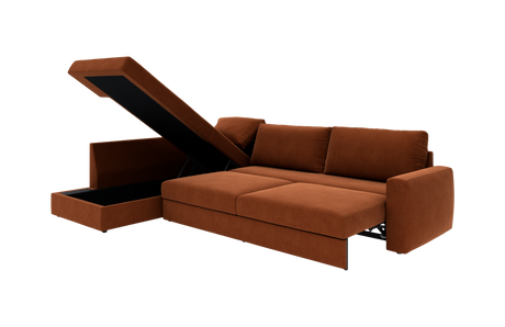 Brun hjørnesovesofa med chaiselong og åbent opbevaringsrum, frilagt på hvid baggrund.