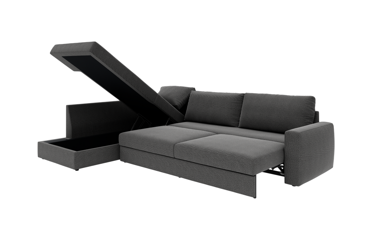 Mørkegrå hjørnesovesofa med åbent opbevaringsrum i chaiselongen, vist fritlagt mod hvid baggrund.
