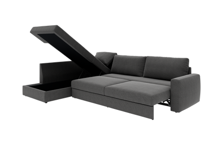 Mørkegrå hjørnesovesofa med åbent opbevaringsrum i chaiselongen, vist fritlagt mod hvid baggrund.