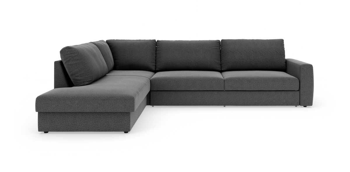 Mørkegrå L-formet hjørnesofa med venstrevendt chaiselong i enkel, moderne stil, frilagt mod hvid baggrund.