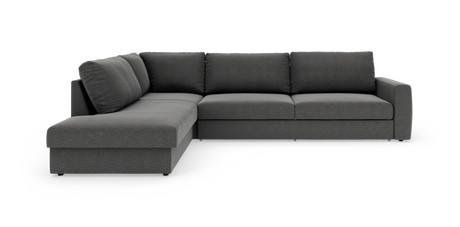 Mørkegrå L-formet hjørnesofa med venstrevendt chaiselong i enkel, moderne stil, frilagt mod hvid baggrund.