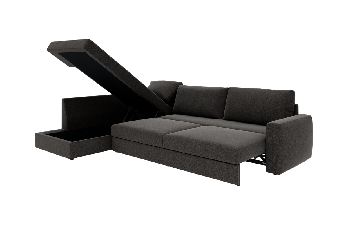 Mørkegrå sofa med chaiselong og løftelåg med opbevaring, vist i studie på hvid baggrund.