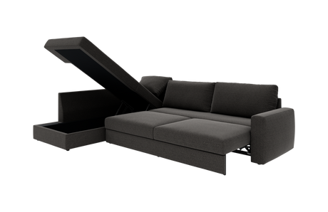 Mørkegrå sofa med chaiselong og løftelåg med opbevaring, vist i studie på hvid baggrund.