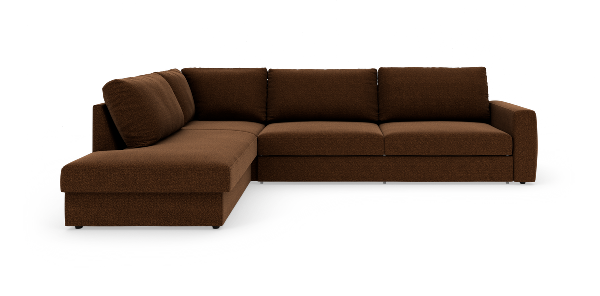 Brun L‑formet modulsofa med chaiselong til venstre, isoleret på hvid baggrund.