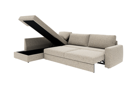 Beige hjørnesofa med chaiselong, udtræks-sovesofa og løftbar opbevaring i chaiselongen, frilagt på hvid baggrund.