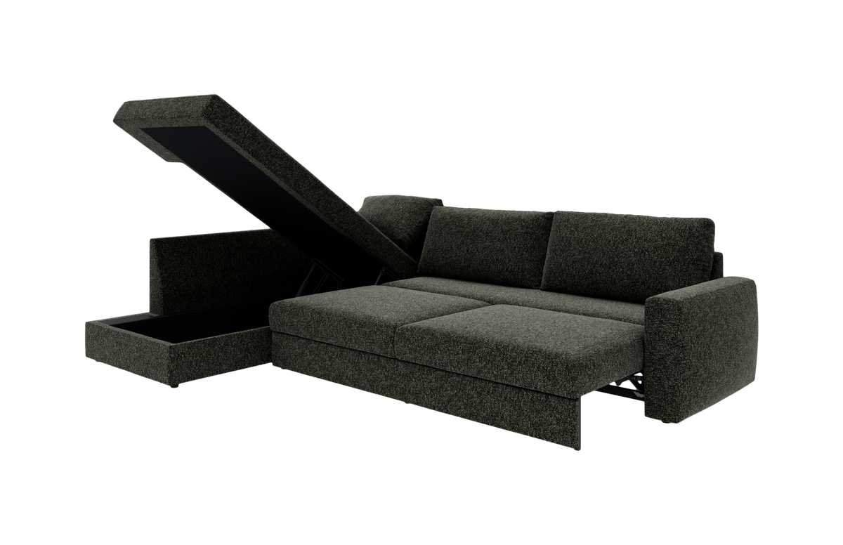 Mørkegrå hjørnesovesofa med åbent opbevaringsrum i chaiselongen, fritlagt produktfoto.