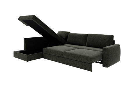 Mørkegrå hjørnesovesofa med åbent opbevaringsrum i chaiselongen, fritlagt produktfoto.