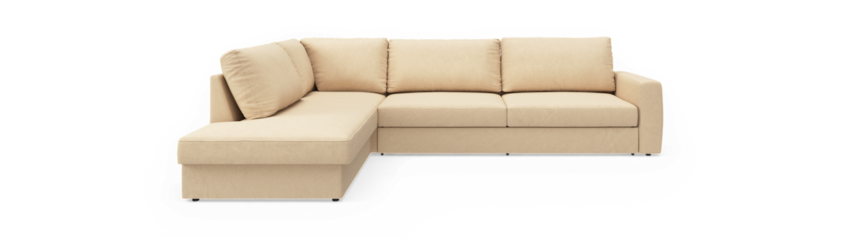 Beige L‑sofa med chaiselong til venstre i moderne, enkel udformning.