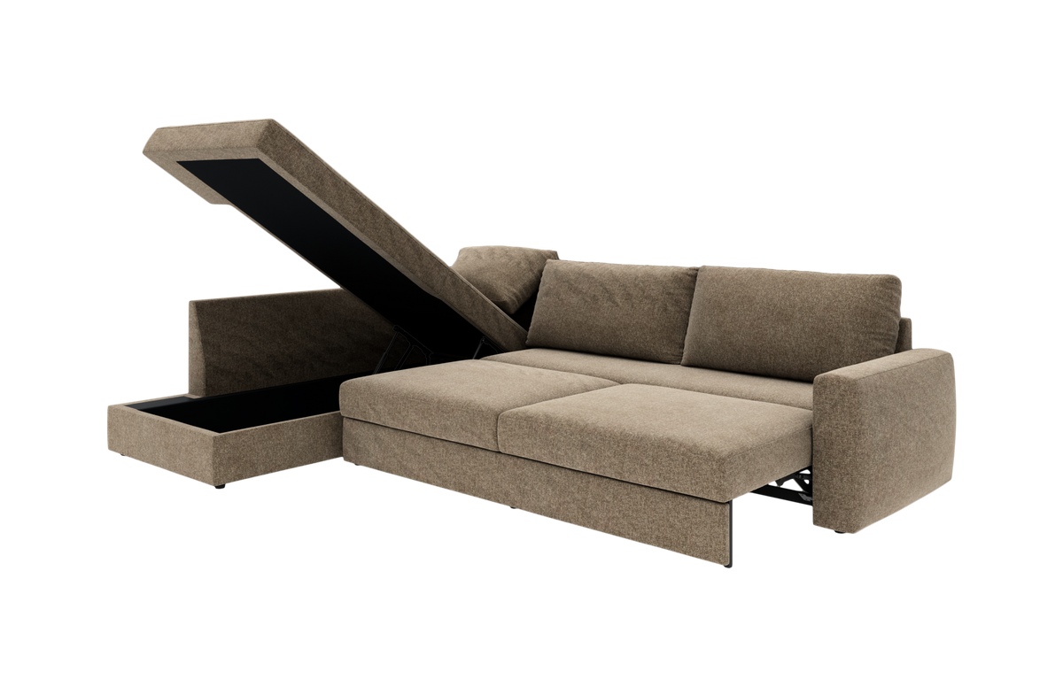 Brun sovesofa med chaiselong og opklappeligt opbevaringsrum, slået ud til sengestilling.