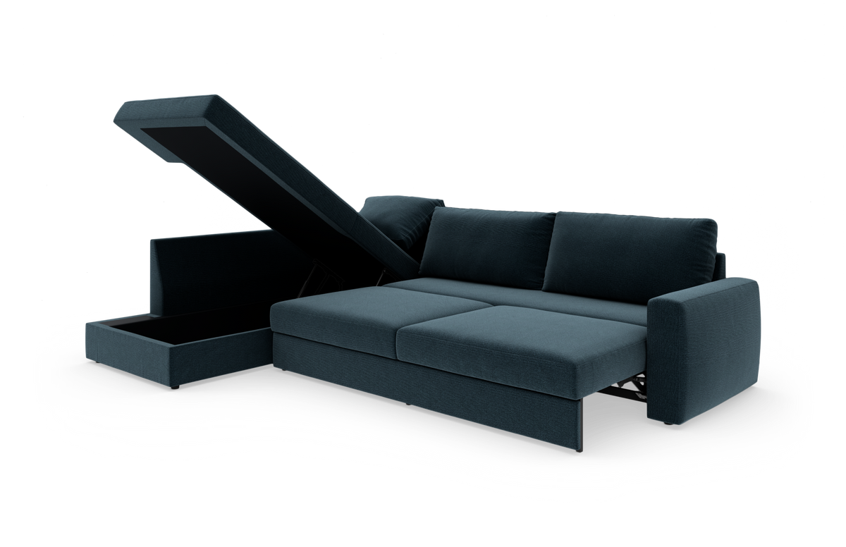 Mørkeblå sovesofa med opklappelig opbevaringschaise, frilagt på hvid baggrund.